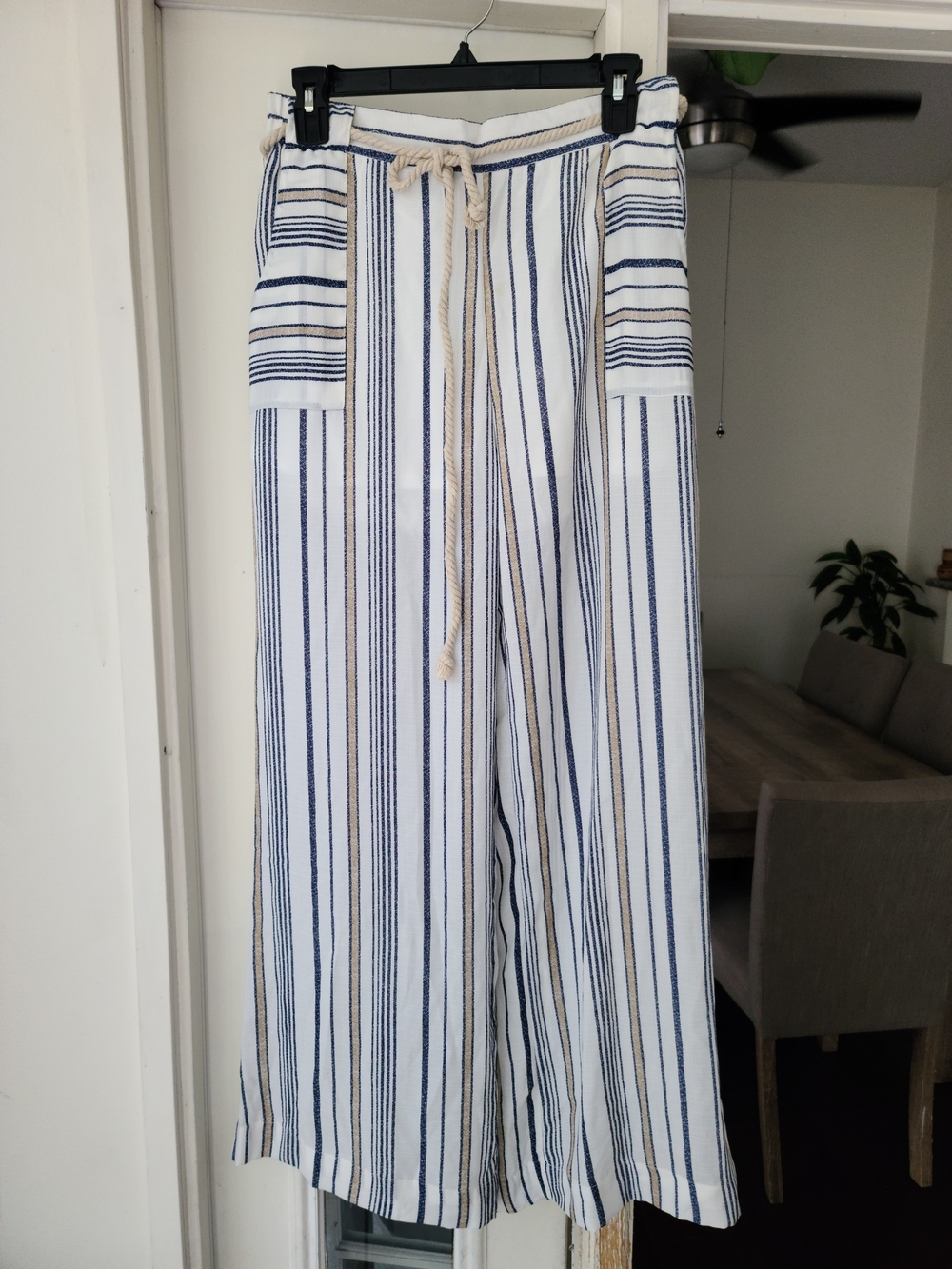 High-Rise Striped Drawstring Wide-Leg Joggers — White with Blue & Tan Stripes